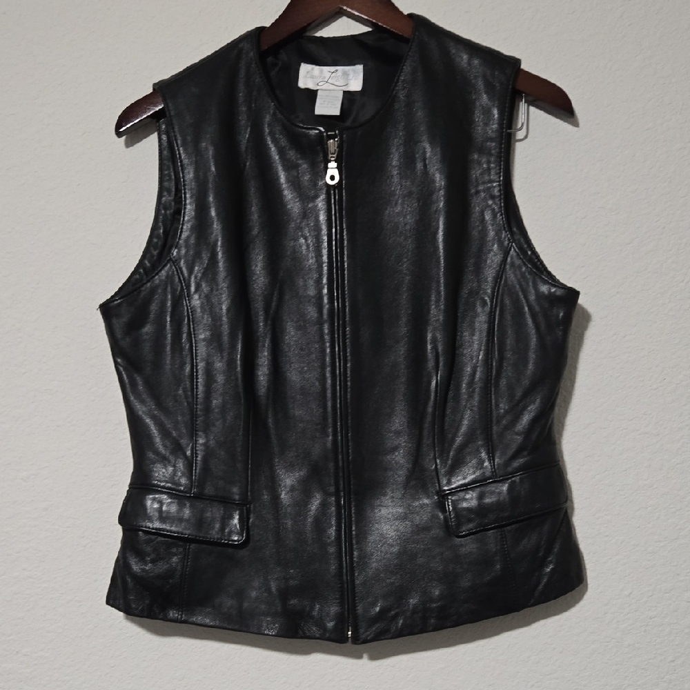 Vintage Laura Leigh Ltd Black 100% Leather Zip Front Vest Jacket Size L